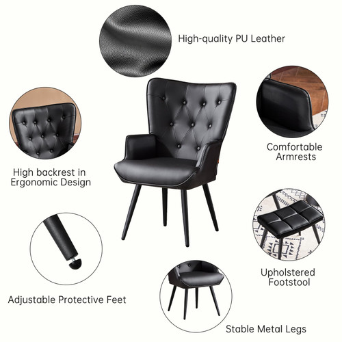 Modern Accent Chair with Ottoman, Upholstered Reading Chair with Ottoman Set, Wingback Chairs with Backrest & Metal Legs, Tufted-Button Armchair for Bedroom, PU, Black, Set of 2