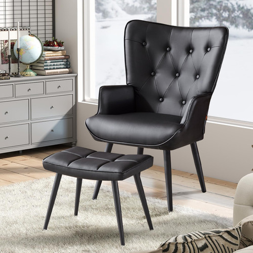 Modern Accent Chair with Ottoman, Upholstered Reading Chair with Ottoman Set, Wingback Chairs with Backrest & Metal Legs, Tufted-Button Armchair for Bedroom, PU, Black, Set of 2