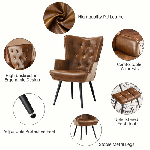 Modern Accent Chair with Ottoman, Upholstered Reading Chair with Ottoman Set, Wingback Chairs with Backrest & Metal Legs, Tufted-Button Armchair for Living Room, PU, Brown, Set of 2