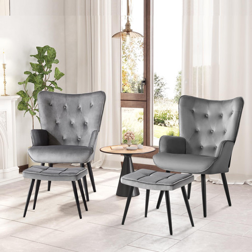 Modern Accent Chair with Ottoman, Upholstered Reading Chair with Ottoman Set, Wingback Chairs with Backrest & Metal Legs, Tufted-Button Armchair for Bedroom, Velvet, Grey, Set of 2