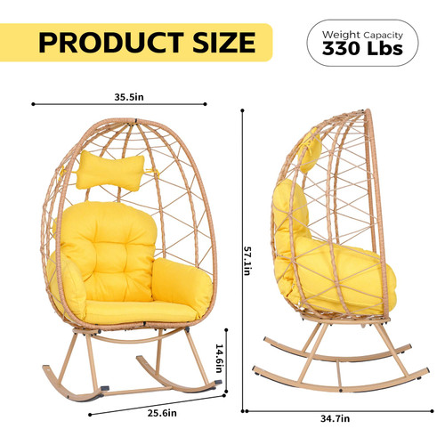 Wicker Rocking Egg Chair 330lbs Capacity Outdoor Indoor Oversized Rattan Chair with Cushion All-Weather Luxury Lounge Chair for Patio Balcony Backyard Garden (Yellow and Yellow)