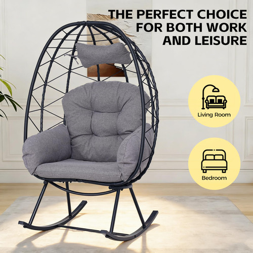 Wicker Rocking Egg Chair 330lbs Capacity Outdoor Indoor Oversized Rattan Chair with Cushion All-Weather Luxury Lounge Chair for Patio Balcony Backyard Garden (Black and Dark Gray)