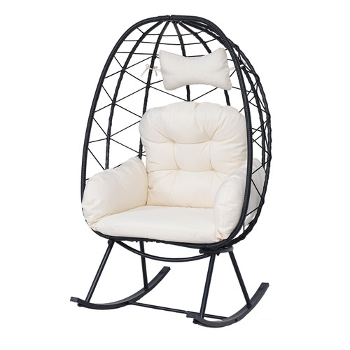 Wicker Rocking Egg Chair 330lbs Capacity Outdoor Indoor Oversized Rattan Chair with Cushion All-Weather Luxury Lounge Chair for Patio Balcony Backyard Garden (Black and White)