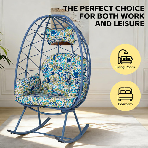 Wicker Rocking Egg Chair 330lbs Capacity Outdoor Indoor Oversized Rattan Chair with Cushion All-Weather Luxury Lounge Chair for Patio Balcony Backyard Garden (Blue and Patterned)