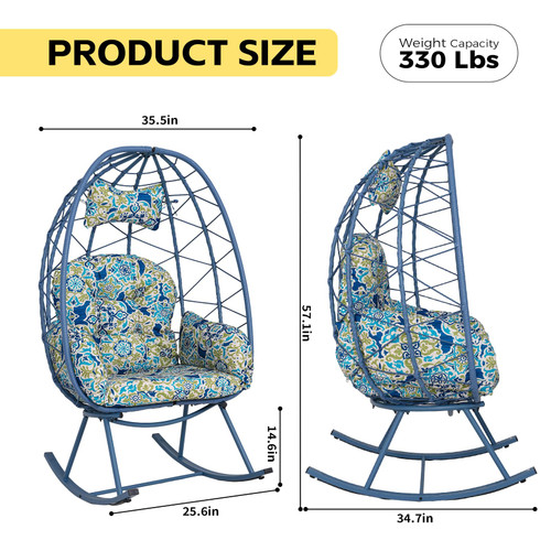 Wicker Rocking Egg Chair 330lbs Capacity Outdoor Indoor Oversized Rattan Chair with Cushion All-Weather Luxury Lounge Chair for Patio Balcony Backyard Garden (Blue and Patterned)