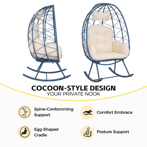 Wicker Rocking Egg Chair 330lbs Capacity Outdoor Indoor Oversized Rattan Chair with Cushion All-Weather Luxury Lounge Chair for Patio Balcony Backyard Garden (Blue and White)
