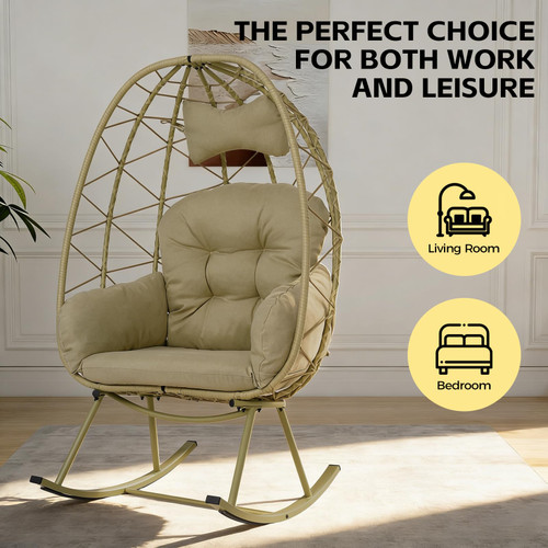 Wicker Rocking Egg Chair 330lbs Capacity Outdoor Indoor Oversized Rattan Chair with Cushion All-Weather Luxury Lounge Chair for Patio Balcony Backyard Garden (Cyan and Cyan)