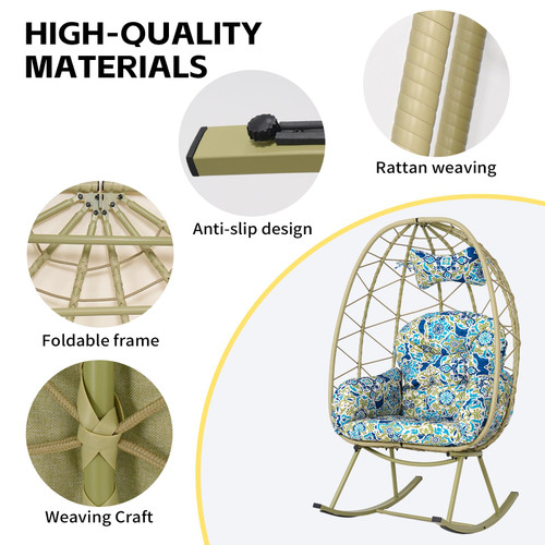 Wicker Rocking Egg Chair 330lbs Capacity Outdoor Indoor Oversized Rattan Chair with Cushion All-Weather Luxury Lounge Chair for Patio Balcony Backyard Garden (Cyan and Patterned)