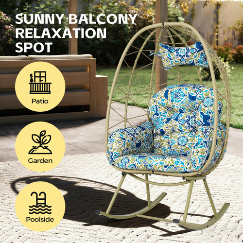 Wicker Rocking Egg Chair 330lbs Capacity Outdoor Indoor Oversized Rattan Chair with Cushion All-Weather Luxury Lounge Chair for Patio Balcony Backyard Garden (Cyan and Patterned)