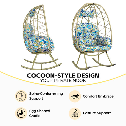 Wicker Rocking Egg Chair 330lbs Capacity Outdoor Indoor Oversized Rattan Chair with Cushion All-Weather Luxury Lounge Chair for Patio Balcony Backyard Garden (Cyan and Patterned)