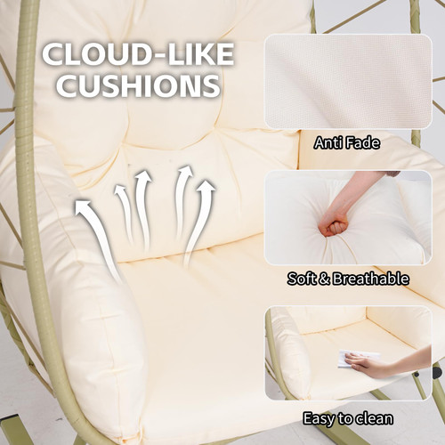 Wicker Rocking Egg Chair 330lbs Capacity Outdoor Indoor Oversized Rattan Chair with Cushion All-Weather Luxury Lounge Chair for Patio Balcony Backyard Garden (Cyan and White)