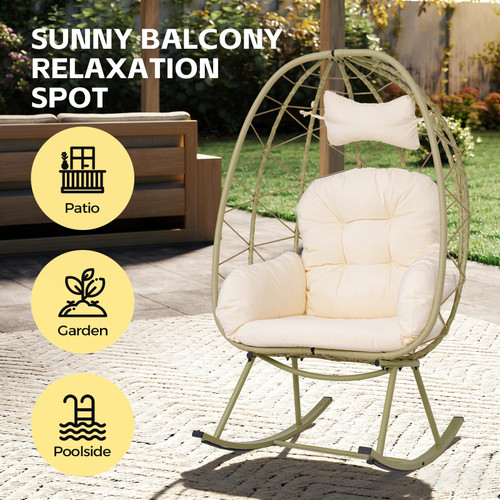 Wicker Rocking Egg Chair 330lbs Capacity Outdoor Indoor Oversized Rattan Chair with Cushion All-Weather Luxury Lounge Chair for Patio Balcony Backyard Garden (Cyan and White)