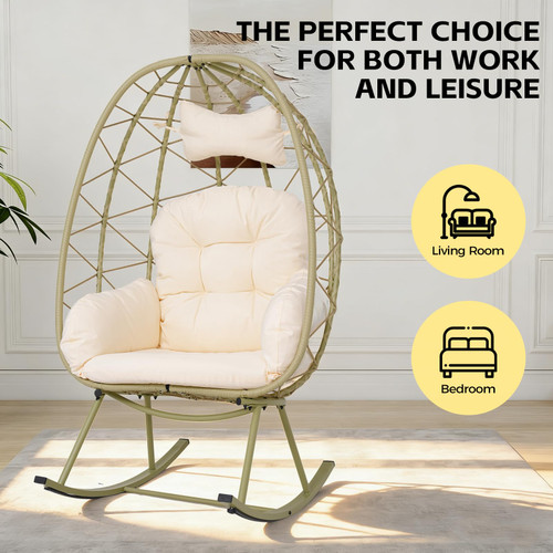 Wicker Rocking Egg Chair 330lbs Capacity Outdoor Indoor Oversized Rattan Chair with Cushion All-Weather Luxury Lounge Chair for Patio Balcony Backyard Garden (Cyan and White)