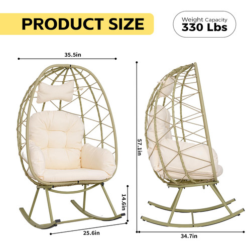 Wicker Rocking Egg Chair 330lbs Capacity Outdoor Indoor Oversized Rattan Chair with Cushion All-Weather Luxury Lounge Chair for Patio Balcony Backyard Garden (Cyan and White)