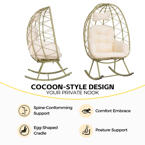 Wicker Rocking Egg Chair 330lbs Capacity Outdoor Indoor Oversized Rattan Chair with Cushion All-Weather Luxury Lounge Chair for Patio Balcony Backyard Garden (Cyan and White)