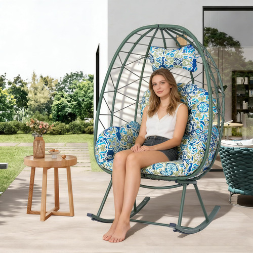 Wicker Rocking Egg Chair 330lbs Capacity Outdoor Indoor Oversized Rattan Chair with Cushion All-Weather Luxury Lounge Chair for Patio Balcony Backyard Garden (Dark Green and Patterned)