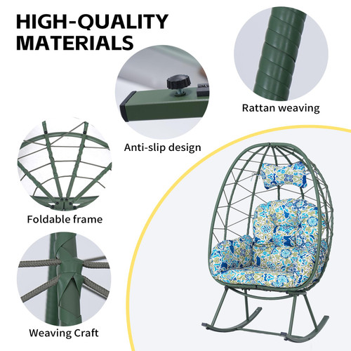 Wicker Rocking Egg Chair 330lbs Capacity Outdoor Indoor Oversized Rattan Chair with Cushion All-Weather Luxury Lounge Chair for Patio Balcony Backyard Garden (Dark Green and Patterned)
