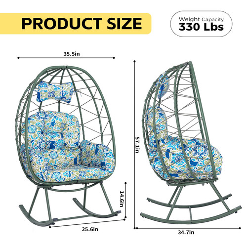 Wicker Rocking Egg Chair 330lbs Capacity Outdoor Indoor Oversized Rattan Chair with Cushion All-Weather Luxury Lounge Chair for Patio Balcony Backyard Garden (Dark Green and Patterned)