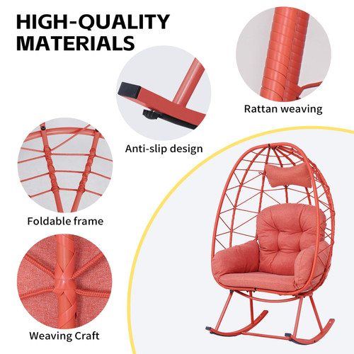 Wicker Rocking Egg Chair 330lbs Capacity Outdoor Indoor Oversized Rattan Chair with Cushion All-Weather Luxury Lounge Chair for Patio Balcony Backyard Garden (Orange-red and Orange-red)