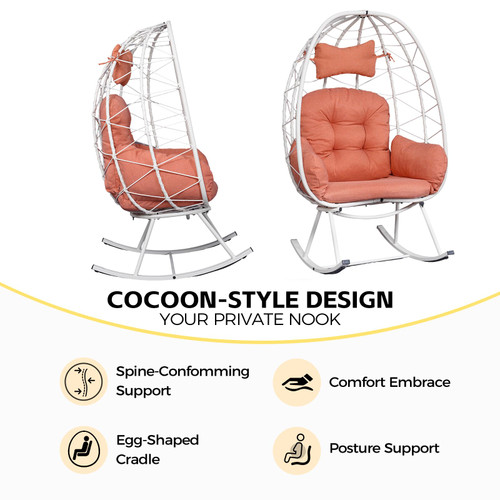 Wicker Rocking Egg Chair 330lbs Capacity Outdoor Indoor Oversized Rattan Chair with Cushion All-Weather Luxury Lounge Chair for Patio Balcony Backyard Garden (White and Orange-red)