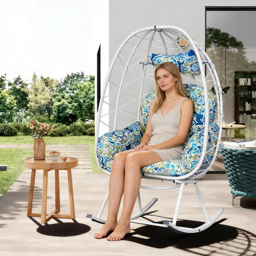 Wicker Rocking Egg Chair 330lbs Capacity Outdoor Indoor Oversized Rattan Chair with Cushion All-Weather Luxury Lounge Chair for Patio Balcony Backyard Garden (White and Patterned)