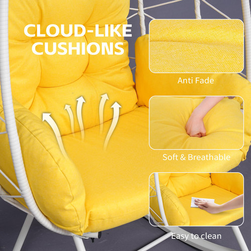 Wicker Rocking Egg Chair 330lbs Capacity Outdoor Indoor Oversized Rattan Chair with Cushion All-Weather Luxury Lounge Chair for Patio Balcony Backyard Garden (White and Yellow)