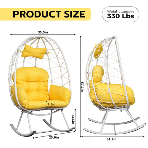 Wicker Rocking Egg Chair 330lbs Capacity Outdoor Indoor Oversized Rattan Chair with Cushion All-Weather Luxury Lounge Chair for Patio Balcony Backyard Garden (White and Yellow)