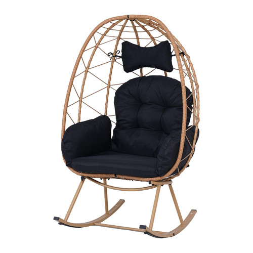 Wicker Rocking Egg Chair 330lbs Capacity Outdoor Indoor Oversized Rattan Chair with Cushion All-Weather Luxury Lounge Chair for Patio Balcony Backyard Garden (Yellow and Black)