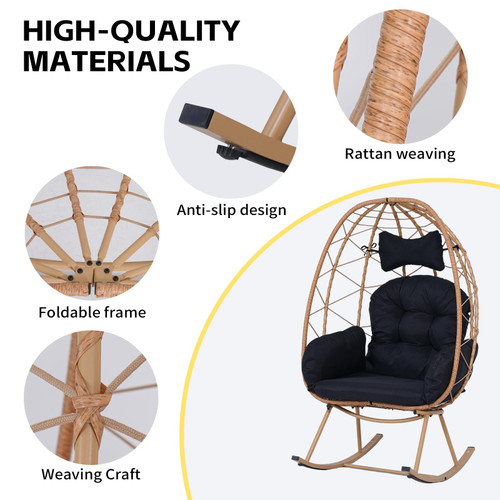 Wicker Rocking Egg Chair 330lbs Capacity Outdoor Indoor Oversized Rattan Chair with Cushion All-Weather Luxury Lounge Chair for Patio Balcony Backyard Garden (Yellow and Black)