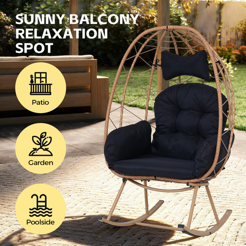 Wicker Rocking Egg Chair 330lbs Capacity Outdoor Indoor Oversized Rattan Chair with Cushion All-Weather Luxury Lounge Chair for Patio Balcony Backyard Garden (Yellow and Black)