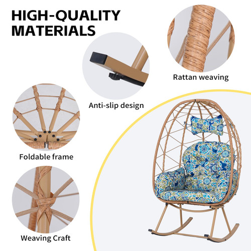 Wicker Rocking Egg Chair 330lbs Capacity Outdoor Indoor Oversized Rattan Chair with Cushion All-Weather Luxury Lounge Chair for Patio Balcony Backyard Garden (Yellow and Patterned)