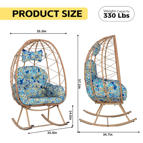 Wicker Rocking Egg Chair 330lbs Capacity Outdoor Indoor Oversized Rattan Chair with Cushion All-Weather Luxury Lounge Chair for Patio Balcony Backyard Garden (Yellow and Patterned)