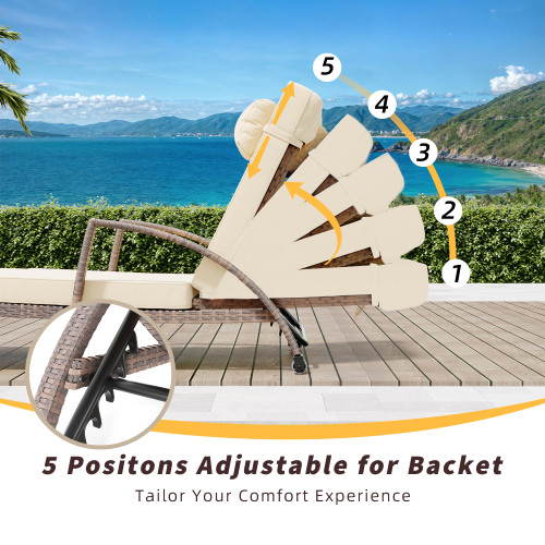 Outdoor Chaise Lounge Set of 2 Rattan Patio Folding Chaise Lounge Adjustable 5 Position Back Patio Pool Lounge Chair with Cushion Pillow for Poolside Backyard Deck Porch Khaki