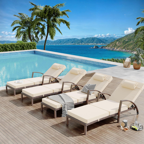 Outdoor Chaise Lounge Set of 2 Rattan Patio Folding Chaise Lounge Adjustable 5 Position Back Patio Pool Lounge Chair with Cushion Pillow for Poolside Backyard Deck Porch Khaki