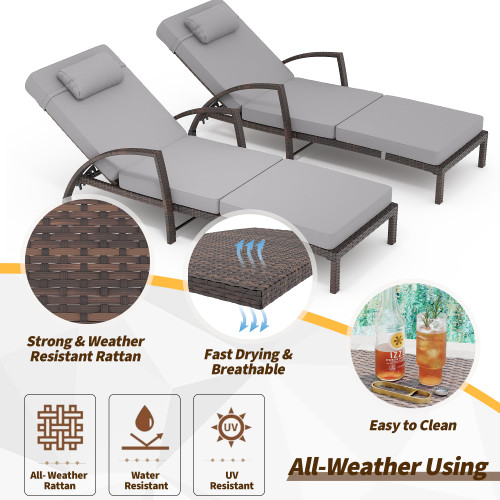 Outdoor Chaise Lounge Set of 2 Rattan Patio Folding Chaise Lounge Adjustable 5 Position Back Patio Pool Lounge Chair with Cushion Pillow for Poolside Backyard Deck Porch Gray