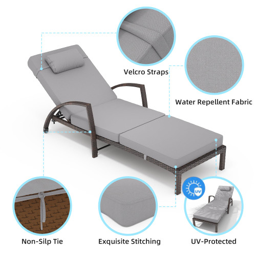 Outdoor Chaise Lounge Set of 2 Rattan Patio Folding Chaise Lounge Adjustable 5 Position Back Patio Pool Lounge Chair with Cushion Pillow for Poolside Backyard Deck Porch Gray
