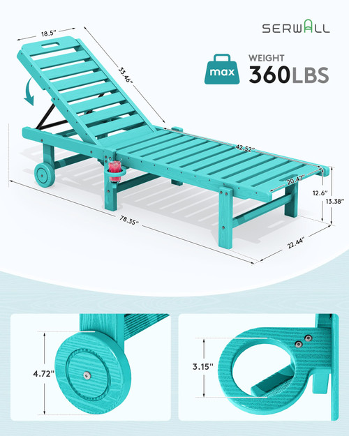 Patio Chaise Lounge Chair, HDPE Outdoor Lounge Chair with Cup Holder, 5 Positions Adjustable Poly Lounger with Rolling Wheels for Poolside, Deck, Sunbathing, Aruba