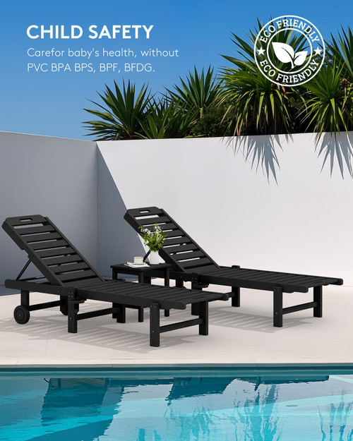 Patio Chaise Lounge Chair, HDPE Outdoor Lounge Chair with Cup Holder, 5 Positions Adjustable Poly Lounger with Rolling Wheels for Poolside, Deck, Sunbathing, Black