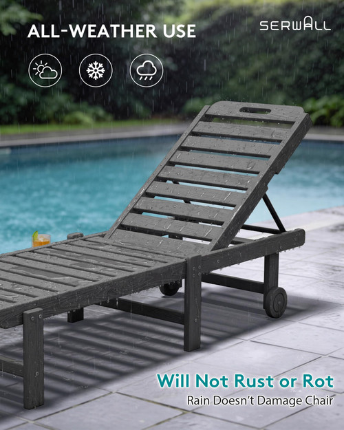Outdoor Chaise Lounge Chair, HDPE Patio Lounge Chair with Cup Holder, 5 Positions Adjustable Poly Lounger with Rolling Wheels for Poolside, Deck, Sunbathing, Grey