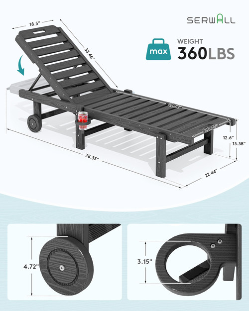 Outdoor Chaise Lounge Chair, HDPE Patio Lounge Chair with Cup Holder, 5 Positions Adjustable Poly Lounger with Rolling Wheels for Poolside, Deck, Sunbathing, Grey