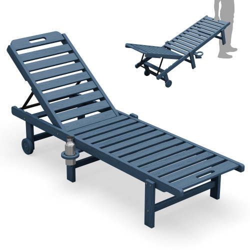 Outdoor Chaise Lounge, Patio Chaise Lounge Chair with 5 Positions Adjustable Backrest, HDPE Lounger with Rolling Wheels & Cup Holder for Pool, Navy