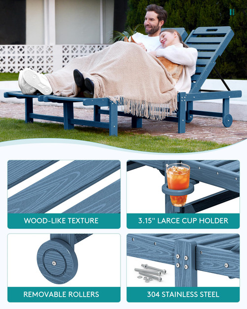 Outdoor Chaise Lounge, Patio Chaise Lounge Chair with 5 Positions Adjustable Backrest, HDPE Lounger with Rolling Wheels & Cup Holder for Pool, Navy