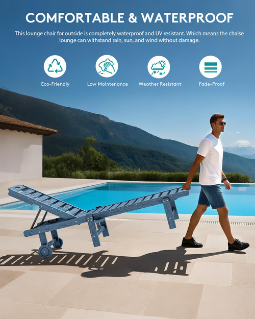 Outdoor Chaise Lounge, Patio Chaise Lounge Chair with 5 Positions Adjustable Backrest, HDPE Lounger with Rolling Wheels & Cup Holder for Pool, Navy