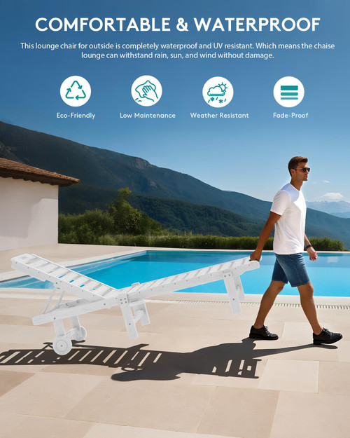 Outdoor Chaise Lounge Chair, Pool Lounge Chair with 5 Positions Adjustable Backrest, HDPE Lounger with Rolling Wheels & Cup Holder for Poolside, Beach, Garden, White
