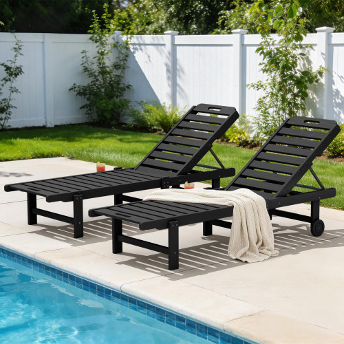 Outdoor Chaise Lounge Set of 2, All-Weather HDPE Pool Lounge Chairs with 5-Position Adjustable Reclining Backrest, Rolling Wheels & Cup Holder for Poolside, Black