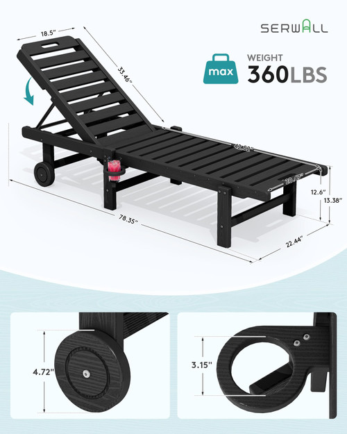 Outdoor Chaise Lounge Set of 2, All-Weather HDPE Pool Lounge Chairs with 5-Position Adjustable Reclining Backrest, Rolling Wheels & Cup Holder for Poolside, Black