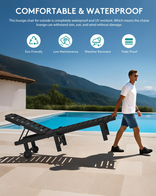 Outdoor Chaise Lounge Set of 2, All-Weather HDPE Pool Lounge Chairs with 5-Position Adjustable Reclining Backrest, Rolling Wheels & Cup Holder for Poolside, Black