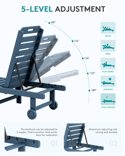 Outdoor Chaise Lounge Set of 2, All-Weather HDPE Pool Lounge Chairs with 5-Position Adjustable Reclining Backrest, Rolling Wheels & Cup Holder for Poolside, Blue