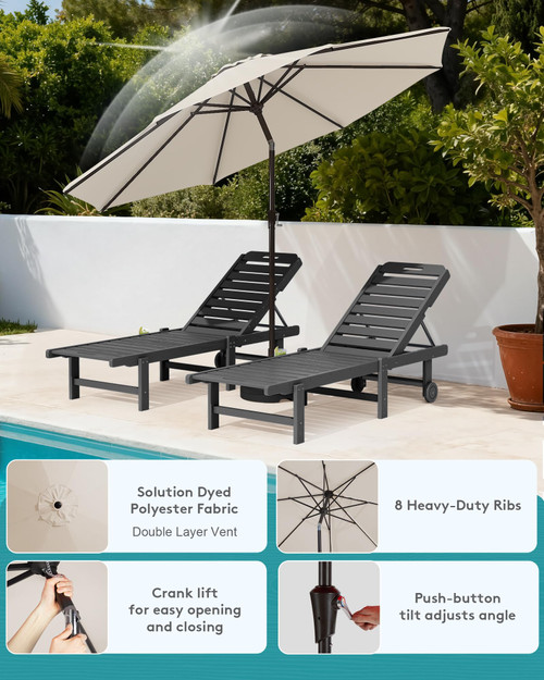 Outdoor Chaise Lounge Set of 2 with 9FT Patio Umbrella, HDPE Pool Lounge Chair with 5-Position Adjustable Backrest, Patio Lounger with Rolling Wheels & Cup Holder for Pool, Grey