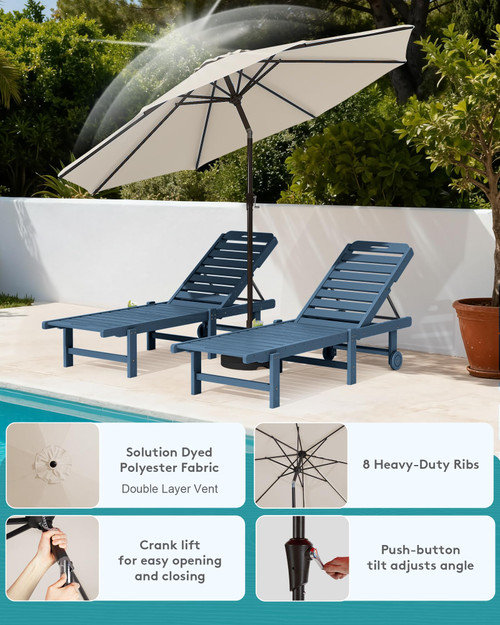 Outdoor Chaise Lounge Set of 2 with 9FT Umbrella, HDPE Pool Lounge Chair with 5-Position Adjustable Backrest, Patio Lounger with Rolling Wheels & Cup Holder for Pool, Navy